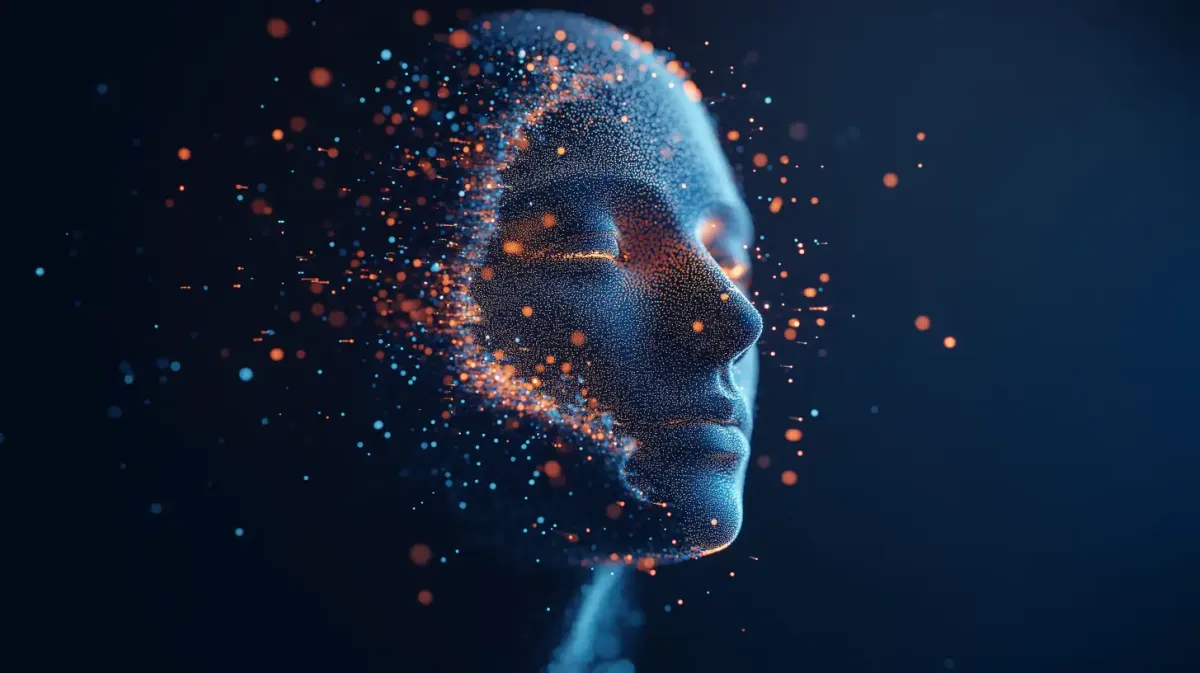 Human head formed from blue and orange particles