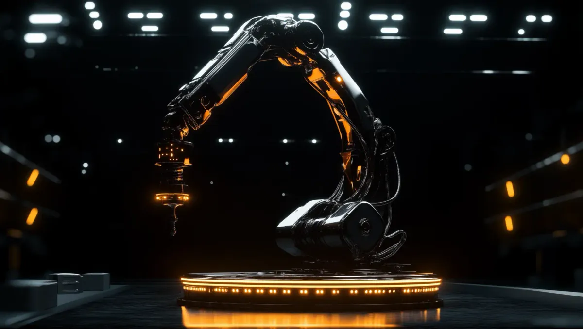 Robotic arm on an orange-lit factory platform