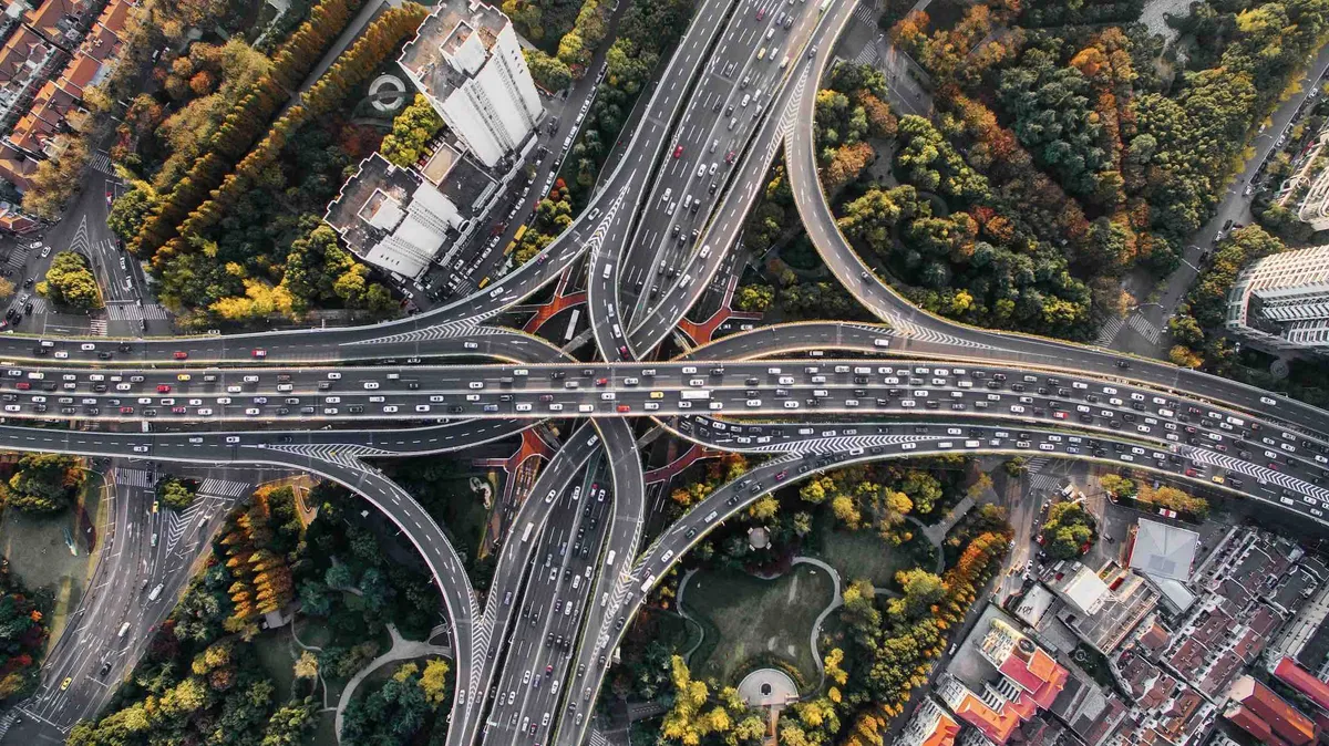 Aerial view of a multi-level motorway interchange