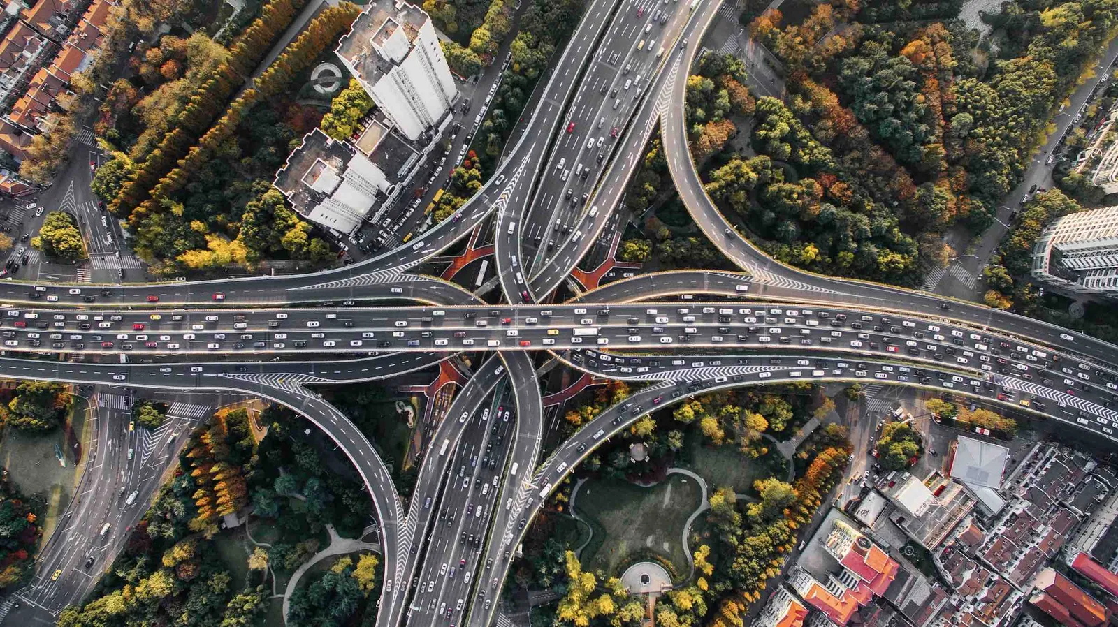 Aerial view of a multi-level motorway interchange